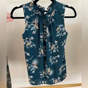Loft petite ruffle tie neck blue floral peacock blouse